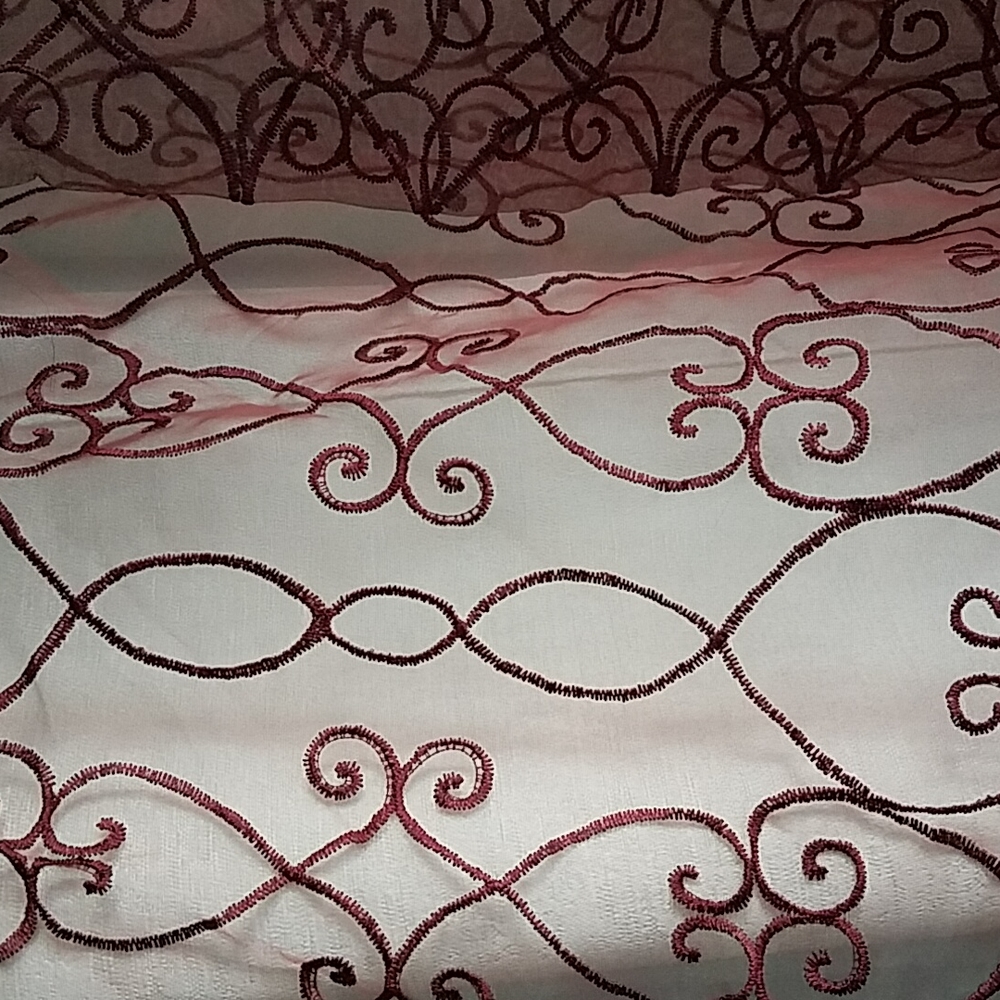 4 Sheer Rod Curtain Panels 41 x 80 Embroidered Burgandy